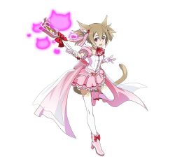 Rule 34 | 10s, 1girl, :d, alternate costume, animal ear legwear, animal ears, brown hair, cat ear legwear, cat ears, cat tail, frilled skirt, frills, gloves, hair ribbon, highres, holding, long hair, magical girl, official art, open mouth, pink skirt, ribbon, see-through, silica, silica (sao-alo), simple background, skirt, smile, solo, staff, sword art online, sword art online: code register, tail, thighhighs, twintails, wand, white background, white gloves, white thighhighs, zettai ryouiki