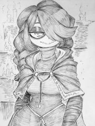 Rule 34 | 1girl, absurdres, braid, chronozbergh, cosplay, dark souls (series), dark souls iii, dress, fire keeper, fire keeper (cosplay), greyscale, hair over one eye, half-closed eyes, highres, monochrome, skullgirls, smile, solo, squigly (skullgirls), stitched mouth, stitches, traditional media, upper body