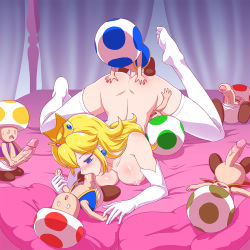 Rule 34 | 1girl, 6+boys, anal, ass, ass grab, blonde hair, blue eyes, blush, bottomless, breasts, clothed male nude female, creature, crown, elbow gloves, fellatio, foreskin, geworin, gloves, group sex, indoors, large penis, long hair, mario (series), multiple boys, multiple penetration, multiple penises, nintendo, nipples, nude, oral, penis, princess, princess peach, sex, size difference, super mario bros. 1, thighhighs, thighs, toad (mario), triple penetration, uncensored, vaginal, white gloves, white thighhighs