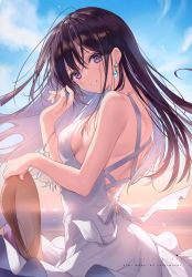 Rule 34 | 1girl, absurdres, blue sky, bracelet, breasts, brown hair, cloud, cloudy sky, dress, earrings, hat, highres, holding, jewelry, long hair, looking at viewer, medium breasts, necomi, original, parted lips, purple eyes, scan, simple background, sky, sleeveless, sleeveless dress, smile, solo, white dress