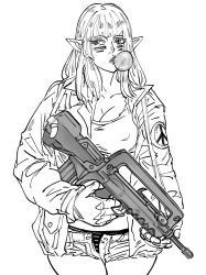 Rule 34 | 1girl, assault rifle, bb (baalbuddy), breasts, blowing bubbles, bullpup, chewing gum, cleavage, covered erect nipples, cowboy shot, elf, facial mark, famas, gloves, greyscale, gun, highres, hime cut, holding, holding gun, holding weapon, jacket, large breasts, lipstick, long hair, long sleeves, looking at viewer, makeup, monochrome, open clothes, open fly, open jacket, original, panties, peace symbol, pointy ears, rifle, short shorts, shorts, simple background, solo, standing, striped clothes, striped panties, underwear, war paint, weapon, white background