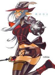 Rule 34 | 00s, 1girl, armor, ass, breasts, butt crack, elf, elvaan, final fantasy, final fantasy xi, pointy ears, red mage (final fantasy), robina, shiny clothes, short shorts, shorts, simple background, solo, sword, thighhighs, weapon, white hair