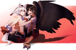 Rule 34 | 2016, 2girls, :d, animal ears, ass, bare legs, black hair, black pants, black skirt, black wings, carrying, collared shirt, dated, detached sleeves, feathered wings, frilled skirt, frills, geta, gradient background, hair between eyes, hat, highres, hugging own legs, indian style, inubashiri momiji, knees up, looking at viewer, miniskirt, multicolored clothes, multicolored pants, multiple girls, namataro, open mouth, pants, princess carry, puffy short sleeves, puffy sleeves, red background, red eyes, red footwear, red hat, red pants, shameimaru aya, shirt, shoes, short hair, short sleeves, sitting, sitting on lap, sitting on person, skirt, smile, socks, tail, tassel, tengu-geta, tokin hat, touhou, upskirt, white hair, white legwear, white shirt, wide sleeves, wings, wolf ears