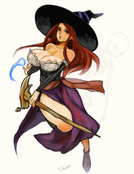 Rule 34 | 1girl, bad id, bad pixiv id, bare shoulders, breasts, cleavage, detached sleeves, dragon&#039;s crown, hat, huge breasts, long hair, red hair, sash, signature, skeleton, solo, sorceress (dragon&#039;s crown), staff, witch hat, yukian
