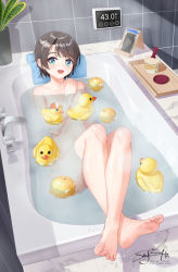 Rule 34 | 1girl, artist name, barefoot, bath, bathing, bathtub, black hair, blue eyes, blush, cellphone, commentary request, convenient censoring, feet, food, foreshortening, fruit, full body, haagen-dazs, highres, hololive, ice cream, looking at viewer, nude, oozora subaru, open mouth, orange (fruit), partially submerged, phone, plant, potted plant, rubber duck, short hair, signature, sitting, skyrail, smartphone, smile, soles, solo, toes, virtual youtuber, water, wet, wet hair