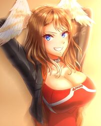 Rule 34 | 1girl, alternate costume, arms behind head, black jacket, blue eyes, breast tattoo, breasts, brown hair, choker, cleavage, collarbone, eunie (xenoblade), glowing lines, gradient background, head wings, highres, jacket, large breasts, large pectorals, leather, leather jacket, looking at viewer, medium hair, open clothes, open jacket, pectorals, red shirt, shirt, smile, solo, tattoo, to (tototo tk), upper body, white wings, wings, xenoblade chronicles (series), xenoblade chronicles 3