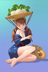Rule 34 | 1girl, animal crossing, animal ears, bare legs, bare shoulders, barefoot, basket, blue background, blue eyes, blue kimono, blunt bangs, blush, boar ears, bow, breasts, brown hair, cleavage, closed mouth, collarbone, commentary request, daisy mae (animal crossing), drill hair, food, food on head, gradient background, highres, humanization, japanese clothes, kimono, long hair, looking at viewer, medium breasts, moneybag, nintendo, object on head, off shoulder, open mouth, personification, short kimono, simple background, smile, solo, star (symbol), star print, toes, turnip, twin drills, wang xiao jun