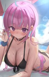 Rule 34 | 1girl, absurdres, ahoge, ass, bikini, black bikini, blue hair, blush, braid, breasts, choker, cleavage, colored inner hair, front-tie bikini top, front-tie top, highres, hololive, large breasts, long hair, looking at viewer, lying, madai (mappy), minato aqua, multicolored hair, o-ring, o-ring choker, on stomach, outdoors, pink hair, purple eyes, solo, streaked hair, swimsuit, two-tone hair, virtual youtuber, wet