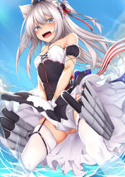 Rule 34 | 1girl, absurdres, american flag, american flag print, animal ears, apron, azur lane, bare shoulders, black bow, black dress, blue bow, blue eyes, blue sky, bow, breasts, cat ears, cat hair ornament, cloud, collarbone, commentary request, covering privates, covering crotch, day, detached sleeves, dress, flag print, hair between eyes, hair bow, hair ornament, hair ribbon, hammann (azur lane), highres, kana616, long hair, looking at viewer, one side up, open mouth, outdoors, panties, puffy short sleeves, puffy sleeves, red ribbon, ribbon, short sleeves, silver hair, sky, small breasts, solo, spanish commentary, standing, star (symbol), strapless, strapless dress, thighhighs, thighs, torpedo, underwear, very long hair, waist apron, white apron, white panties, white thighhighs