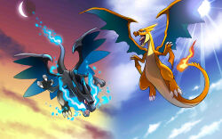 Rule 34 | 2boys, angry, artist request, black skin, blue eyes, blue fire, blue sky, charizard, claws, cloud, cloudy sky, colored skin, creatures (company), day, day and night, fangs, fire, fire tail, flying, game freak, gen 1 pokemon, gradient background, mega charizard x, mega charizard y, mega pokemon, moon, multiple boys, night, nintendo, official art, orange skin, pokemon, red eyes, sky, sun, tail, third-party source, wings