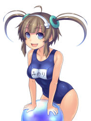 Rule 34 | 10s, 1girl, :d, ahoge, arm support, ball, beachball, blue eyes, breasts, brown hair, collarbone, fang, hairband, katagiri (a1466502), large breasts, minori (senran kagura), one-piece swimsuit, open mouth, school swimsuit, senran kagura, senran kagura shinovi versus, short hair, sidelocks, smile, solo, swimsuit, twintails, white background