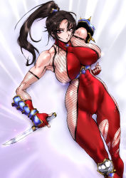 Rule 34 | 1girl, abs, absurdres, breasts, covered erect nipples, highres, huge breasts, kodachi, namco, ponytail, short sword, solo, soul calibur, sword, taki (soulcalibur), weapon, yuri ai