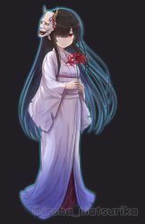 Rule 34 | 1girl, absurdres, black background, black hair, blue outline, borrowed character, breasts, closed mouth, flower, full body, hair over one eye, highres, holding, holding flower, iroha (iroha matsurika), japanese clothes, kimono, long sleeves, looking at viewer, mask, mask on head, obi, oni mask, original, outline, red eyes, red flower, sash, simple background, small breasts, smile, solo, spider lily, standing, torn clothes, torn kimono, white kimono, wide sleeves