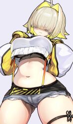 Rule 34 | 1girl, :3, belly grab, black sports bra, blonde hair, breasts, cable, clothing cutout, crop top, crop top overhang, cropped sweater, cutoffs, elegg (nikke), exposed pocket, fang, fanny pack, gloves, gluteal fold, goddess of victory: nikke, grey shorts, hair intakes, hair over eyes, hands on own shoulders, highres, kajimakoto, large breasts, multicolored clothes, multicolored gloves, multicolored hair, navel, plump, projected inset, shorts, shoulder cutout, simple background, skindentation, solo, sports bra, suspender shorts, suspenders, thigh strap, two-tone hair, underboob, x x, zipper pull tab