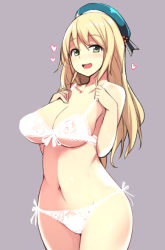 Rule 34 | 10s, 1girl, :d, atago (kancolle), beret, blonde hair, blush, bra, breasts, cleavage, front-tie top, green eyes, hat, heart, ippongui, kantai collection, lace, lace-trimmed bra, lace-trimmed panties, lace trim, large breasts, long hair, looking at viewer, navel, open mouth, panties, side-tie panties, simple background, smile, solo, underwear, underwear only, white bra, white panties