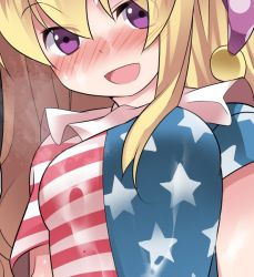 Rule 34 | 1girl, :d, american flag dress, bad id, bad twitter id, blonde hair, blush, breasts, close-up, clownpiece, hammer (sunset beach), hat, jester cap, long hair, looking at viewer, open mouth, purple eyes, small breasts, smile, solo, touhou, very long hair, wavy hair, wet, wet clothes