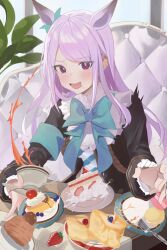 Rule 34 | 1girl, animal ears, black coat, black skirt, blush, bow, cake, cake slice, candy, coat, commentary request, cupcake, ear bow, food, fork, highres, holding, holding fork, holding plate, horse ears, horse girl, horse tail, long hair, long sleeves, looking at viewer, mejiro mcqueen (umamusume), midriff peek, open mouth, plate, purple eyes, purple hair, shirt, skirt, solo, sparkle, spill, striped clothes, striped shirt, sweets, tail, umamusume, upper body, yoshitaka (eriri takadess)