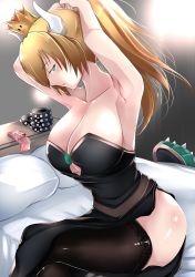 Rule 34 | 1girl, armpits, arms behind head, arms up, bare shoulders, bed, black dress, black thighhighs, blonde hair, blue eyes, blush, borrowed character, bowsette, bracelet, breasts, cleavage, collar, condom, crown, dress, horns, jewelry, large breasts, long hair, mario (series), meow7tail, new super mario bros. u deluxe, nintendo, ponytail, sitting, solo, spiked bracelet, spiked collar, spikes, super crown, thighhighs, thighs