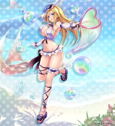 Rule 34 | armpits, beach, bikini, blonde hair, blue eyes, blue flower, blue rose, boat, breasts, bubble, bubble wand, caladbolg (phantom of the kill), cross-laced footwear, detached sleeves, earrings, flower, frilled bikini, frills, groin, hair flower, hair ornament, heart, highres, jewelry, large breasts, legband, long hair, looking at viewer, md5 mismatch, navel, ocean, official art, palm tree, phantom of the kill, resized, rose, sandals, shore, smile, summer, swimsuit, tree, upscaled, water, water drop, watercraft, waterfall, wet