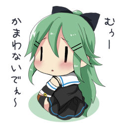 Rule 34 | 1girl, :o, black bow, black serafuku, black shirt, black skirt, black sleeves, black thighhighs, blush, bow, brown footwear, chibi, colored shadow, commentary request, detached sleeves, full body, hair between eyes, hair bow, hair ornament, hairclip, high ponytail, kantai collection, long hair, long sleeves, oshiruko (uminekotei), parted lips, pleated skirt, ponytail, sailor collar, school uniform, serafuku, shadow, shirt, shoes, skirt, solo, thighhighs, translation request, very long hair, white background, white sailor collar, yamakaze (kancolle), | |