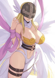 Rule 34 | angel wings, angewomon, asymmetrical clothes, bare shoulders, belt, blonde hair, breasts, cleavage, covered eyes, cropped legs, digimon, digimon (creature), elbow gloves, evan yang, feathered wings, gloves, head wings, helmet, highres, large breasts, long hair, multiple wings, navel, shawl, simple background, smile, solo, standing, thigh strap, white background, winged helmet, wings, wrist wings