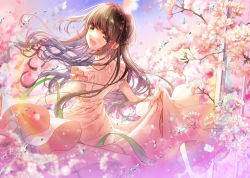 Rule 34 | 1girl, :d, braid, brown eyes, brown hair, butakimuchi, cherry blossoms, day, dress, water drop, looking back, open mouth, outdoors, smile, spinning, twilight, white dress