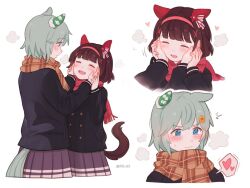 Rule 34 | 2girls, ^^^, animal ears, black coat, blue eyes, blush, breath, brown hair, buttons, closed eyes, closed mouth, coat, double-breasted, ear covers, hairband, hands on another&#039;s cheeks, hands on another&#039;s face, heart, heart in eye, horse ears, long sleeves, looking at another, motion lines, multiple girls, multiple views, nishino flower (umamusume), open mouth, rio (rio 067), scarf, seiun sky (umamusume), sequential, short hair, smile, spoken heart, sweatdrop, symbol in eye, tracen winter coat, twitter username, umamusume, white background, yuri