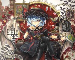 Rule 34 | 1girl, ;), alternate costume, ankle ribbon, apple, apron, bat (animal), bat wings, black apron, black dress, black hat, black pantyhose, blue hair, bone, book, bottle, bow, brooch, cage, candle, candlestand, chain, chess piece, clock, clock tower, coffin, corset, cross, cross-laced clothes, cup, dress, earrings, fingernails, floral print, flower, food, frilled bow, frilled shirt collar, frilled sleeves, frills, fruit, goth fashion, gothic lolita, hair between eyes, hat, hat ribbon, high heels, highres, hisako (6anmbblfnjueeff), holding, holding jewelry, holding necklace, jewelry, key, latin cross, leg ribbon, lipstick, lock, lolita fashion, long fingernails, makeup, mob cap, muffin, nail polish, necklace, one eye closed, painting (object), pantyhose, pawn (chess), puffy sleeves, red bow, red eyes, red flower, red footwear, red nails, red ribbon, red rose, remilia scarlet, ribbon, ribbon-trimmed apron, ribbon trim, rook (chess), rose, rose print, sharp fingernails, short hair, skull, sleeve ribbon, smile, solo, sugar cube, tea, teacup, teapot, teaspoon, throne, touhou, tower, traditional media, wavy hair, white background, wine bottle, wings, wrist cuffs