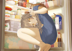 Rule 34 | 1girl, animal, animal on shoulder, ass, bad anatomy, bare arms, bare legs, barefoot, blue dress, blush, bottle, breasts, brown hair, cat, collar, dress, food, head tilt, holding, holding hair, jar, long hair, looking at viewer, milk carton, original, pantylines, refrigerator, shade, short dress, short sleeves, small breasts, squatting, throtem, twintails, yellow eyes