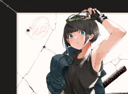 Rule 34 | 1girl, :&lt;, antenna hair, arm up, armpits, black hair, black tank top, blue eyes, blunt bangs, blush, crack, cracked wall, fingerless gloves, glasses, glasses on head, gloves, highres, jacket, jacket on shoulders, katana, looking at viewer, original, resized, short hair, solo, sword, tank top, third-party edit, toned, unzipped, upscaled, weapon, white background