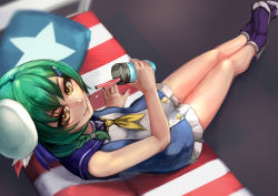 Rule 34 | 1girl, 3:, american flag, azur lane, bare arms, bare shoulders, beret, blue dress, braid, breasts, closed mouth, couch, cup, dress, drinking straw, eyebrows, facing away, feathers, fingernails, foote (azur lane), frilled dress, frills, from above, green hair, hair between eyes, hair ornament, hairclip, hat, hat feather, holding, holding cup, legs, legs together, long hair, looking away, menyuu, mini hat, multicolored clothes, multicolored dress, neckerchief, sailor collar, sailor dress, short dress, side braid, sitting, small breasts, solo, star (symbol), tsurime, two-tone dress, white dress, white hat, yellow eyes, yellow neckerchief