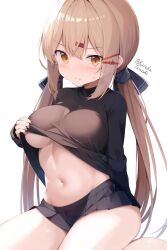 Rule 34 | 1girl, :|, arm at side, black bow, black shirt, black skirt, blush, bow, breasts, brown eyes, brown hair, closed mouth, clothes lift, cowboy shot, hair between eyes, hair bow, hair ornament, hairclip, highres, kantai collection, large breasts, lifted by self, long sleeves, looking at viewer, low twintails, microskirt, navel, pleated skirt, raised eyebrows, shirt, shirt lift, sidelocks, signature, simple background, sitting, skirt, solo, stomach, sweatdrop, tashkent (kancolle), tateishi kureha, thick thighs, thighs, twintails, underboob, white background