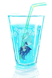 Rule 34 | 1girl, bad id, bad pixiv id, blue hair, cup, czc (deko), drinking straw, glass, highres, in container, in cup, long hair, mini person, minigirl, nail polish, original, personification, simple background, socks, soda, solo, underwater, upside-down, water