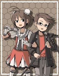 Rule 34 | 1boy, 1girl, admiral (kancolle), antenna hair, belt, black jacket, brown eyes, brown hair, bun cover, commentary, double bun, english commentary, glasses, gloves, hexagram, jacket, kantai collection, microphone, naka (kancolle), patterned background, remodel (kantai collection), school uniform, serafuku, shadow, sixten, smile, thighhighs, w, white gloves, zettai ryouiki