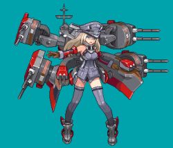Rule 34 | 10s, 1girl, aqua background, bismarck (kancolle), blonde hair, blue eyes, cannon, e79, grey thighhighs, hat, kantai collection, long hair, lowres, military, military hat, military uniform, open mouth, personification, pixel art, solo, thighhighs, turret, uniform, weapon