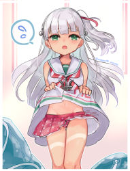 Rule 34 | 1girl, anchor hair ornament, anchor necklace, bikini, bikini skirt, bikini under clothes, blush, dress, gradient background, green eyes, hair ornament, hair ribbon, headgear, jewelry, kantai collection, lifted by self, long hair, looking at viewer, maestrale (kancolle), megane poni, navel, necklace, one-hour drawing challenge, one side up, open mouth, pink bikini, polka dot, polka dot bikini, ribbon, sailor collar, sailor dress, silver hair, sleeveless, sleeveless dress, swimsuit, swimsuit under clothes, tan, tanline, white dress, white ribbon