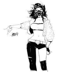 Rule 34 | 1girl, akali, baseball cap, belt, bracelet, breasts, choker, dated, ejami, greyscale, hat, jacket, jewelry, k/da (league of legends), k/da akali, league of legends, long hair, looking at viewer, mask, medium breasts, midriff, monochrome, mouth mask, navel, ponytail, signature, simple background, solo, white background
