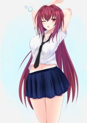 Rule 34 | 1girl, blush, breasts, covered navel, fate/grand order, fate (series), hair between eyes, highres, kesoshirou, long hair, looking at viewer, one eye closed, open mouth, purple hair, red eyes, scathach (fate), school uniform, skirt, sleepy, solo, yawning