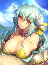 Rule 34 | 1girl, alternate hairstyle, aqua hair, bare shoulders, bikini, bikini under clothes, breasts, cleavage, commentary request, detached collar, fate/grand order, fate (series), foreshortening, hair ribbon, horns, kiyohime (fate), kiyohime (fate/grand order), kiyohime (swimsuit lancer) (fate), kiyohime (swimsuit lancer) (first ascension) (fate), large breasts, long hair, long sleeves, looking at viewer, low twintails, melon22, off shoulder, ribbon, smile, solo, strap slip, swimsuit, twintails, yellow eyes, yellow ribbon