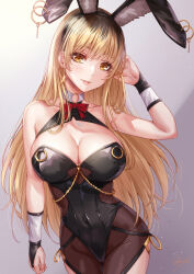 Rule 34 | 1girl, animal ears, bare arms, bare shoulders, black hairband, black leotard, blonde hair, bow, bowtie, breasts, bridal gauntlets, cleavage, commentary request, earrings, fake animal ears, grey background, hairband, hand up, highres, hoop earrings, jewelry, large breasts, leotard, looking at viewer, original, parted lips, playboy bunny, rabbit ears, red bow, red bowtie, sakiyamama, simple background, smile, solo, yellow eyes