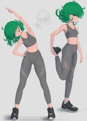 Rule 34 | 1girl, absurdres, alternate costume, arm up, armpits, breasts, curly hair, daniel deves, flexible, flipped hair, foot up, gluteal fold, green eyes, green hair, grey background, grey legwear, grey tank top, highres, huge filesize, looking at viewer, midriff, multiple views, navel, one-punch man, one eye closed, pants, shoes, short hair, simple background, small breasts, sneakers, socks, sports bra, sportswear, standing, standing on one leg, stretching, tank top, tatsumaki, tight clothes, yoga pants
