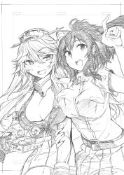 Rule 34 | 2girls, :d, absurdres, arm grab, asymmetrical docking, bare shoulders, belt, belt buckle, blush, box, breast pocket, breast press, breasts, buckle, cleavage, collar, commentary request, corset, cowboy shot, fingerless gloves, food, gloves, greyscale, hair between eyes, hat, highres, holding, holding box, iowa (kancolle), kantai collection, kojima takeshi, large breasts, long hair, monochrome, multiple girls, navel, one side up, open mouth, pleated skirt, pocket, pointing, pointing up, round teeth, saratoga (kancolle), shirt, short sleeves, skirt, smile, star-shaped pupils, star (symbol), sweets, symbol-shaped pupils, teeth, traditional media, unbuttoned, vest, wavy mouth