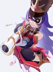 Rule 34 | 1girl, absurdres, aiming, aiming at viewer, antique firearm, bare shoulders, black necktie, chevreuse (genshin impact), detached collar, detached sleeves, dress, earmuffs, earmuffs around neck, eyepatch, firearm, genshin impact, gloves, gold trim, gun, hat, highres, holding, holding gun, holding weapon, long hair, looking at viewer, mole, mole under mouth, multicolored hair, musket, necktie, pointy hair, puffy detached sleeves, puffy sleeves, purple eyes, purple hair, red dress, shako cap, smile, solo, streaked hair, two-tone dress, two-tone hair, very long hair, weapon, white gloves, white hair, yuurai 0