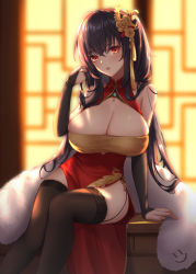 Rule 34 | 1girl, azur lane, backlighting, bare shoulders, black hair, black thighhighs, blush, breasts, bridal gauntlets, china dress, chinese clothes, cleavage, cleavage cutout, clothing cutout, crossed bangs, dress, fishnet thighhighs, fishnets, garter straps, hair between eyes, highres, large breasts, long hair, looking at viewer, official alternate costume, parted lips, pelvic curtain, red dress, red eyes, side slit, sitting, taihou (azur lane), taihou (phoenix&#039;s spring song) (azur lane), thighhighs, thighs, wei xiao