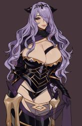 Rule 34 | 1girl, absurdres, black panties, breasts, brown background, camilla (fire emblem), cleavage, clothes lift, commentary, ennuigrl, fire emblem, fire emblem fates, hair over one eye, highres, large breasts, light smile, lips, long hair, looking at viewer, nintendo, panties, pelvic curtain, pelvic curtain lift, purple eyes, purple hair, simple background, solo, thick lips, thighs, underwear