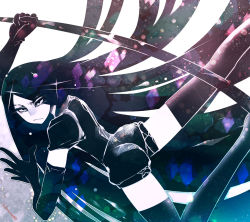 Rule 34 | 1other, abstract background, artist name, ass, black eyes, black gloves, black shirt, black shorts, bort, closed mouth, colored skin, elbow gloves, eyes visible through hair, frown, furrowed brow, gloves, hakkasame, holding, holding sword, holding weapon, houseki no kuni, legs up, lens flare, long eyelashes, long hair, looking back, midair, narrow waist, open hand, outline, parted bangs, shirt, short sleeves, shorts, solo, straight hair, sword, thighhighs, very long hair, weapon, white outline, white skin