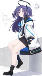 Rule 34 | 1girl, doodle sensei (blue archive), blue archive, blush, boots, commentary request, full body, gloves, hair ornament, halo, happy birthday, highres, hoshino ouka, jacket, looking at viewer, purple eyes, purple hair, school uniform, sensei (blue archive), simple background, smile, solo, thighs, thinking, white background, yuuka (blue archive)