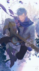 Rule 34 | 1boy, blue hair, boots, chain, clock, closed eyes, flower, guitar, highres, instrument, kaito (vocaloid), logo, male focus, music, petals, playing instrument, scarf, short hair, signature, smile, solo, spencer sais, vocaloid, wind
