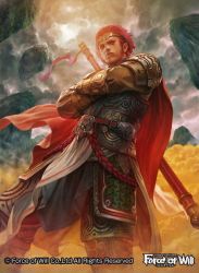 Rule 34 | 1boy, armor, cape, circlet, cloud, cloudy sky, copyright name, crossed arms, facial mark, force of will, kakotomirai, male focus, mountain, official art, red eyes, red hair, rock, sky, solo, staff