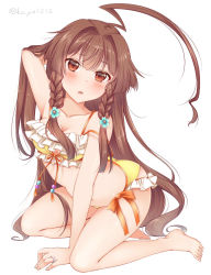 Rule 34 | 10s, 1girl, :d, ahoge, alternate hairstyle, arched back, arm behind head, arm support, arm up, armpits, barefoot, beads, bikini, blue flower, blush, bow, bow bikini, braid, breasts, brown eyes, brown hair, cleavage, cleavage cutout, clothing cutout, collarbone, colored eyelashes, embarrassed, eyebrows, feet, flower, frilled bikini, frills, from side, front-tie bikini top, front-tie top, full body, hair flower, hair intakes, hair ornament, hand in own hair, head tilt, huge ahoge, jewelry, kantai collection, kneeling, ko yu, kuma (kancolle), leaning forward, long hair, medium breasts, multi-strapped bikini bottom, multi-strapped bikini top, navel, open mouth, orange bow, parted bangs, parted lips, raised eyebrow, ring, side braid, sidelocks, simple background, smile, solo, strap slip, swimsuit, twin braids, twitter username, very long hair, wavy mouth, wedding band, wedding ring, white background, yellow bikini